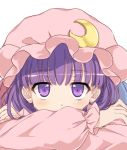  1girl absurdres bangs blunt_bangs blush crescent crescent_hair_ornament hair_ornament hat highres long_sleeves looking_at_viewer lying mob_cap patchouli_knowledge purple_hair simple_background solo touhou vanilla_(miotanntann) violet_eyes white_background 