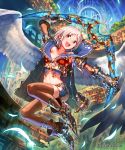  1girl arm_up armor armored_boots belt boomerang boots braid breasts brown_legwear character_request company_name crop_top feathers full_body gauntlets grey_hair highres holding midriff navel official_art okada_manabi outstretched_arm red_eyes sailor_collar shingeki_no_bahamut short_hair_with_long_locks shorts side_braid solo thigh-highs watermark white_wings wings 