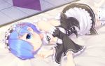  1girl :o apron bed_sheet blue_eyes blue_hair breasts cleavage detached_collar detached_sleeves dress frilled_dress frills hair_ornament hair_over_one_eye highres indoors lying maid maid_apron maid_headdress nenosame_(nenosame5_) on_side open_mouth re:zero_kara_hajimeru_isekai_seikatsu rem_(re:zero) revision ribbon-trimmed_clothes ribbon-trimmed_legwear ribbon-trimmed_sleeves ribbon_trim short_hair solo thigh-highs underbust white_legwear x_hair_ornament 