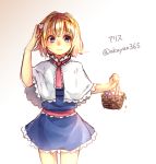  1girl akayan alice_margatroid basket blonde_hair blue_dress blue_eyes blush capelet character_name commentary_request cowboy_shot dress flower flower_basket frills hair_flower hair_ornament hairband looking_at_viewer neck_ribbon pink_ribbon ribbon sash short_dress short_hair sketch smile solo touhou twitter_username 