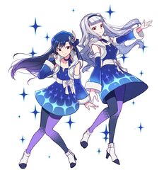  2girls 72producer absurdres blue_hair brown_eyes detached_sleeves hair_ornament hairband highres idolmaster idolmaster_platinum_stars kisaragi_chihaya long_hair multiple_girls pantyhose shijou_takane silver_hair smile violet_eyes 