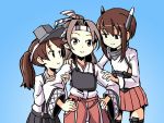  3girls adrian_ferrer brown_eyes brown_hair flat_chest hachimaki hands_on_hips headband headgear japanese_clothes kantai_collection light_brown_hair multiple_girls muneate pleated_skirt ryuujou_(kantai_collection) skirt smile suspenders taihou_(kantai_collection) twintails visor_cap zuihou_(kantai_collection) 