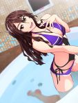  1girl alternate_costume ashigara_(kantai_collection) bare_arms bare_shoulders breasts brown_eyes brown_hair cleavage commentary_request eyebrows hairband highres kantai_collection kurohime_kiryuu large_breasts long_hair looking_at_viewer open_mouth partially_submerged solo swimsuit water 