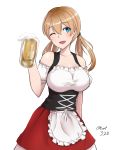  1girl ;d alcohol alternate_costume beer beer_mug blonde_hair blue_eyes blush breasts dirndl german_clothes highres kantai_collection large_breasts long_hair looking_at_viewer low_twintails one_eye_closed open_mouth prinz_eugen_(kantai_collection) signature smile solo taka_(vert_320) twintails twitter_username underbust 