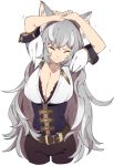  1girl animal_ears arms_up belt breasts cleavage closed_eyes closed_mouth collarbone corset cropped_legs granblue_fantasy grey_hair large_breasts long_hair motion_lines sen_(granblue_fantasy) short_sleeves simple_background solo stretch touzai_(poppin_phl95) very_long_hair wavy_mouth white_background 