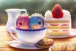  2girls artist_name blue_eyes blue_hair cake chibi chocolate_chip_cookie commentary cookie cup dej_(shiori2525) food fruit hair_ornament hair_over_one_eye in_container in_cup looking_at_viewer maid_headdress minigirl multiple_girls open_mouth pink_hair plate ram_(re:zero) re:zero_kara_hajimeru_isekai_seikatsu red_eyes rem_(re:zero) siblings sisters slice_of_cake spoon strawberry strawberry_shortcake sun_flare table teacup twins 