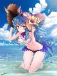  1girl :o animal_ears bangs bare_legs bare_shoulders barefoot bent_over bikini bikini_skirt blue_hair blue_sky blush breasts brown_eyes choker cleavage clouds eyebrows eyebrows_visible_through_hair eyelashes ferry_(granblue_fantasy) flower frills full_body granblue_fantasy groin hair_between_eyes halterneck hand_on_headwear hands_up hat hat_flower hat_ribbon hibiscus jewelry kneeling light_particles long_hair looking_at_viewer medium_breasts monikon13 navel ocean outdoors ribbon signature single_earring sky solo stomach straw_hat sunlight swimsuit thigh_gap very_long_hair water_drop wavy_hair yellow_flower 
