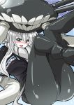  1girl ass blue_eyes blush breasts commentary_request employee_uniform family_mart hat headgear juurouta kantai_collection large_breasts long_hair monster open_mouth pale_skin pants silver_hair solo teeth tentacles turret uniform white_skin wo-class_aircraft_carrier 