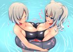  2girls bad_anatomy bikini black_bikini blue_eyes breast_press breasts closed_eyes eyes_visible_through_hair hair_ornament hair_over_one_eye hairclip hamakaze_(kantai_collection) highres kantai_collection kashima_(kantai_collection) large_breasts multiple_girls open_mouth short_hair silver_hair swimsuit symmetrical_docking tekito_wani translated twintails water wavy_hair 