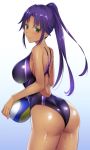  1girl ass asuka_(dream_c_club_zero) back blush breasts competition_swimsuit dark_skin dream_c_club_zero green_eyes mole mole_under_eye one-piece_swimsuit ponytail purple_hair shiny shiny_clothes smile solo swimsuit tomohiro_kai volleyball wet 