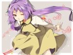  1girl bent_over dress flower grey_background grin hair_flower hair_ornament hasebe_yuusaku long_hair long_sleeves looking_at_viewer low_twintails musical_note one_eye_closed purple_hair quaver smile solo touhou tsukumo_benben twintails violet_eyes 