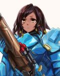  1girl armor artist_request bangs bodysuit braid brown_eyes brown_hair dark_skin eye_of_horus eyebrows eyebrows_visible_through_hair facial_mark facial_tattoo gun hair_tubes holding holding_gun holding_weapon long_hair overwatch parted_bangs pauldrons pharah_(overwatch) power_armor power_suit rocket_launcher shoulder_pads side_braids simple_background solo tattoo twin_braids upper_body weapon white_background 