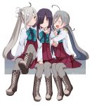  3girls ahoge arm_around_neck arm_hug asashimo_(kantai_collection) blue_bow blue_bowtie blue_hair blush boots bow bowtie closed_eyes commentary_request cross-laced_footwear dress girl_sandwich green_eyes grey_hair grey_legwear grin hair_between_eyes hair_over_one_eye hayashimo_(kantai_collection) headband highres kantai_collection kiyoshimo_(kantai_collection) lace-up_boots long_hair long_sleeves low_twintails multicolored_hair multiple_girls open_mouth pantyhose ponytail purple_hair riz_(ravel_dc) sandwiched school_uniform sharp_teeth shirt silver_hair sitting sleeveless sleeveless_dress smile teeth tumblr_username twintails v very_long_hair violet_eyes white_background white_shirt 