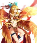 1boy bare_shoulders blonde_hair hair_ornament long_hair midriff natsumoka navel orange_eyes outstretched_arm pointy_ears smile soccer_spirits solo vermilion_bird wings 