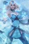  1girl armpits bare_shoulders belt blonde_hair blue_eyes breasts cleavage collar defense_of_the_ancients dota_2 earrings gem grin highres ice jewelry long_hair magic raikoart rylai_crestfall smile snow solo thigh-highs tiara 