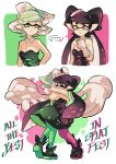  +_+ 2girls aori_(splatoon) black_hair cousins detached_collar domino_mask dress earrings english food food_on_head gloves hotaru_(splatoon) hug jewelry long_hair mask mole mole_under_eye multiple_girls object_on_head pantyhose pointy_ears silver_hair splatoon tentacle_hair wong_ying_chee 