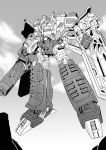  1boy arm_cannon cannon clouds decepticon insignia kamizono_(spookyhouse) machine machinery mecha mechanical_wings megatron monochrome mountain no_humans redesign robot science_fiction sky solo transformers weapon wings 
