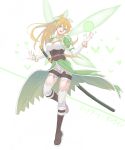  1girl blonde_hair braid breasts cleavage elf green_eyes highres large_breasts leafa long_hair mizu_(dl7613) open_mouth pointy_ears ponytail smile solo sword_art_online thigh-highs twin_braids wings 