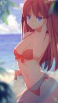  1girl backlighting bangs beach bikini blue_eyes blue_sky blurry breasts cleavage clouds cowboy_shot depth_of_field from_side front-tie_bikini front-tie_top highres innertube long_hair looking_at_viewer navel neon_genesis_evangelion ocean orange_eyes outdoors parted_lips qiongsheng red_bikini red_lips sand shade side-tie_bikini sky solo souryuu_asuka_langley stomach swimsuit transparent 