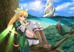  1girl ass blonde_hair braid breasts cleavage elf green_eyes large_breasts leafa long_hair ono_kono_to pointy_ears ponytail smile solo sword_art_online thigh-highs twin_braids wings 