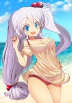  1girl alternate_costume bangs beach bikini blue_eyes blue_sky breasts cleavage clouds cowboy_shot day hair_bobbles hair_ornament hand_on_hip hand_up horizon kuresento long_hair looking_at_viewer medium_breasts ocean open_mouth red_bikini see-through shinki shirt_grab side_ponytail silver_hair sky smile solo swimsuit thighs touhou touhou_(pc-98) very_long_hair 