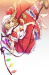  1girl :d barefoot blonde_hair blush crystal dress flandre_scarlet frilled_dress frills hat hat_ribbon laevatein looking_at_viewer mob_cap open_mouth puffy_short_sleeves puffy_sleeves red_dress red_eyes red_ribbon ribbon sash short_sleeves side_ponytail smile solo touhou wings yuli_(yulipo) 