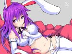  1girl alternate_costume animal_ears bare_shoulders black_ribbon blush breasts bustier collarbone commentary_request dated elbow_gloves gloves groin highres ishimu large_breasts looking_at_viewer lying navel neck_ribbon on_side panties pillow purple_hair rabbit_ears red_eyes reisen_udongein_inaba ribbon side-tie_panties smile solo thigh-highs touhou underwear white_gloves white_legwear white_panties 