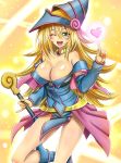  1girl ;d bare_shoulders blonde_hair blue_boots blush_stickers boots breasts choker cleavage collarbone commentary_request dark_magician_girl duel_monster green_eyes hat heart highres index_finger_raised large_breasts long_hair looking_at_viewer one_eye_closed open_mouth pentacle shiny shiny_skin smile solo staff takecha very_long_hair wizard_hat yuu-gi-ou 