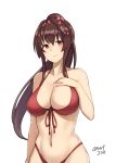  1girl bikini blush breasts brown_hair cleavage flower hair_flower hair_ornament hand_on_breast highres kantai_collection large_breasts long_hair navel ponytail red_bikini red_eyes smile solo swimsuit taka_(vert_320) twitter_username yamato_(kantai_collection) 