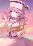  1girl ainy77 bangs buttons closed_mouth cowboy_shot floating_hair frilled_hat frilled_shirt_collar frills hat instrument long_hair long_sleeves looking_at_viewer merlin_prismriver purple_hair skirt skirt_set sky smile solo touhou trumpet violet_eyes 