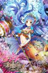  1girl 2016 ahoge artist_name bare_shoulders blue_hair breasts bridal_gauntlets bubble closed_mouth company_name copyright_name coral fish gabe_(seelunto) glint green_eyes hammer head_fins holding jewelry long_hair navel necklace number smile solo tiara toki_no_ishutaria twintails underwater very_long_hair water watermark 