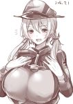  1girl 2016 :d breasts dated gloves hand_on_own_chest hat huge_breasts iron_cross kantai_collection looking_at_viewer monochrome open_mouth otogi_(s_in_w) peaked_cap prinz_eugen_(kantai_collection) short_twintails smile solo twintails 
