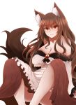  1girl animal_ears arano_oki bare_shoulders breast_hold breasts brooch brown_hair cleavage dress highres imaizumi_kagerou jewelry large_breasts long_hair long_sleeves looking_at_viewer open_mouth red_eyes simple_background sitting smile solo tail touhou white_background wolf_ears wolf_tail 