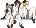  3girls anchovy bangs beret black_hair blonde_hair blush brown_eyes cape carpaccio chin_rest drill_hair girls_und_panzer green_eyes green_hair hair_ribbon hand_on_own_chin hat highres loafers long_hair long_sleeves looking_at_viewer mugcup multiple_girls necktie open_mouth pantyhose pepperoni_(girls_und_panzer) pleated_skirt ribbon riding_crop school_uniform shirt shoes short_hair sitting skirt smile twin_drills twintails white_legwear white_shirt 