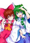  2girls :&lt; :d ascot blue_eyes blush bow brown_eyes brown_hair commentary_request cowboy_shot detached_sleeves frog_hair_ornament green_hair hair_bow hair_ornament hair_tubes hakurei_reimu hand_over_eye highres ishimu japanese_clothes kochiya_sanae looking_at_viewer miko multiple_girls open_mouth red_bow smile snake_hair_ornament touhou white_background wide_sleeves yuri 