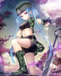  &gt;:/ 1girl 2016 belt bike_shorts black_gloves black_shorts blue_hair boots breasts camouflage camouflage_skirt company_name cross-laced_footwear debris english full_moon gloves hand_on_hip hat highres knee_boots last_chronicle long_hair moon namaru_(summer_dandy) outdoors outstretched_arm short_sleeves shorts skirt solo twintails very_long_hair violet_eyes watermark 