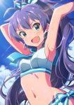  1girl :d antenna_hair armpits arms_up black_hair blue_eyes breasts clouds earrings fang ganaha_hibiki idolmaster jewelry long_hair navel open_mouth ponytail sky smile solo usabutapon 