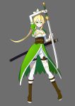  1girl blonde_hair braid breasts cleavage elf full_body green_eyes inkcinkc leafa long_hair pointy_ears ponytail smile solo sword_art_online thigh-highs twin_braids weapon 