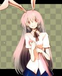  1girl :d animal_ears black_ribbon blue_skirt blush checkered checkered_background closed_umbrella commentary_request lavender_hair letterboxed long_hair looking_at_viewer neck_ribbon onimaru_gonpei open_mouth rabbit_ears red_eyes reisen_udongein_inaba ribbon shirt short_sleeves skirt smile solo touhou umbrella upper_body very_long_hair white_shirt 