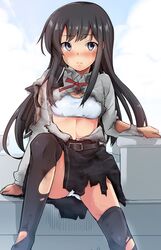  1girl aikura_(twilight_dusk) asashio_(kantai_collection) belt black_hair black_legwear blue_bra blue_eyes blue_panties blush bra breasts burn_scar kantai_collection long_hair panties pantyshot remodel_(kantai_collection) small_breasts solo thigh-highs torn_clothes torn_thighhighs underwear 