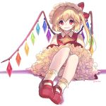  1girl ainy77 ascot bangs blonde_hair bloomers bobby_socks bow diamond dress flandre_scarlet frilled_legwear frills full_body hat petticoat red_bow red_dress red_eyes red_shoes shoes side_ponytail smile socks solo touhou underwear upskirt wings 