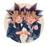  2boys arm_around_neck black_hair blonde_hair fist_bump grin male_focus multicolored_hair multiple_boys mutou_yuugi open_mouth redhead smile star torihada_(hugchan) yami_yuugi yuu-gi-ou 