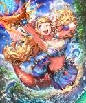  +_+ 1girl ;d armpits bikini_top bird blonde_hair breasts clouds company_name dolphin earrings fish full_body gem giselle_(shingeki_no_bahamut) hairband highres jewelry long_hair mermaid monster_girl navel official_art okada_manabi one_eye_closed open_mouth outdoors outstretched_arm shingeki_no_bahamut smile solo sparkle star_necklace tree very_long_hair violet_eyes w water water_drop watermark 