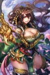  1girl ;d armlet bangs black_gloves blue_eyes blurry breasts brown_hair cherry_blossoms cleavage clouds cowboy_shot depth_of_field double_bun dragon dragon_(ornament) dress floating_hair gloves green_dress hair_between_eyes hair_ornament holding holding_weapon japanese_clothes kimono large_breasts light_particles looking_at_viewer official_art one_eye_closed open_mouth original pelvic_curtain petals polearm revision ryuuzaki_ichi sash sky sleeveless smile solo swept_bangs tassel thigh-highs vambraces weapon 