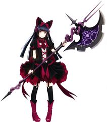  1girl 666_(marino) black_hair black_legwear blush boots full_body garter_straps gate_-_jieitai_ka_no_chi_nite_kaku_tatakaeri gothic_lolita hair_ribbon halberd highres lolita_fashion long_hair looking_at_viewer polearm red_eyes ribbon rory_mercury simple_background smile solo standing thigh-highs weapon white_background 