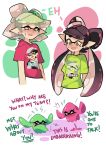  &gt;_&lt; +_+ 2girls aori_(splatoon) black_hair blush character_print closed_eyes cousins domino_mask earrings english hotaru_(splatoon) jewelry mask mole mole_under_eye multiple_girls object_on_head pointy_ears shirt silver_hair splatoon squid sweatdrop t-shirt tentacle_hair wong_ying_chee yellow_eyes 