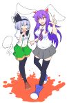  2girls adapted_costume animal_ears aqua_eyes black_bow black_bowtie black_legwear black_ribbon bow bowtie commentary_request crepe eating full_body green_shorts grey_skirt hair_ornament hair_ribbon hairband hairclip highres holding_hands ishimu konpaku_youmu konpaku_youmu_(ghost) long_hair miniskirt multiple_girls necktie open_mouth pantyhose parted_lips pointing puffy_short_sleeves puffy_sleeves purple_hair rabbit_ears red_eyes reisen_udongein_inaba ribbon shirt short_hair short_sleeves shorts silver_hair skirt striped striped_necktie suspender_shorts suspenders sweat thigh-highs touhou white_shirt zettai_ryouiki 