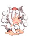 1girl :3 animal_ears bare_shoulders belly blush breasts chibi detached_sleeves fang hat highres inubashiri_momiji midriff navel one_eye_closed open_mouth plump pom_pom_(clothes) red_eyes shishi_(321_0819) short_hair silver_hair simple_background sitting solo tail tokin_hat touhou white_background wolf_ears wolf_tail 