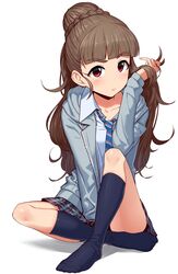  1girl :/ absurdres bangs between_legs blunt_bangs blush brown_hair collared_shirt crossed_ankles diagonal_stripes dress_shirt eyebrows eyebrows_visible_through_hair eyeliner feet hair_bun hair_tousle half_updo hand_between_legs highres hood hoodie idolmaster idolmaster_cinderella_girls kamiya_nao knee_up kneehighs long_hair long_sleeves looking_at_viewer makeup miniskirt navy_blue_legwear necktie no_shoes omaru_gyuunyuu plaid plaid_skirt red_eyes school_uniform shirt simple_background sitting skirt solo striped striped_necktie unzipped white_shirt 