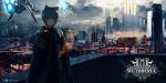  1girl aircraft animal_ears backlighting building cape cat_ears city city_lights cityscape clouds cloudy_sky copyright_name dark heads-up_display highres inabi long_hair looking_at_viewer original rooftop scenery science_fiction sky skyscraper smile solo space_craft 